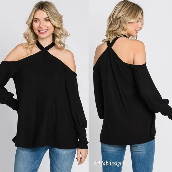 LAST 1! Super Soft Black Cross Neck Cold Shoulder Cuffed Sleeve Top - Picture 4 of 8